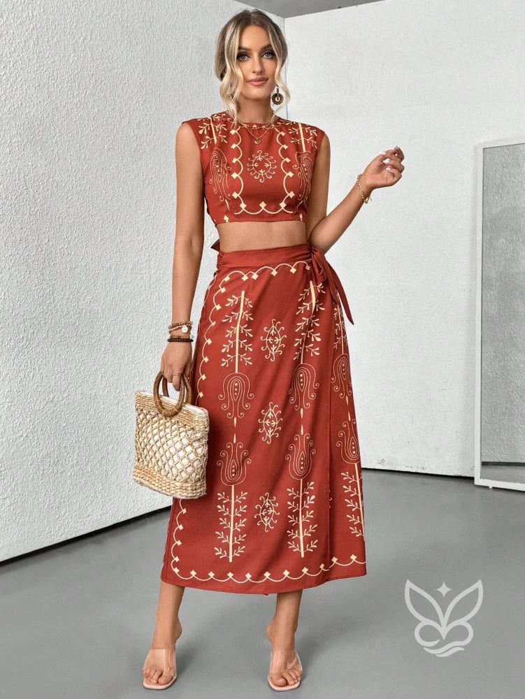 Conjunto Co-ord Estampado Com Cropped E Saia Midi Com Botões Marrom / PP Conjunto Co-ord Estampado Com Cropped E Saia