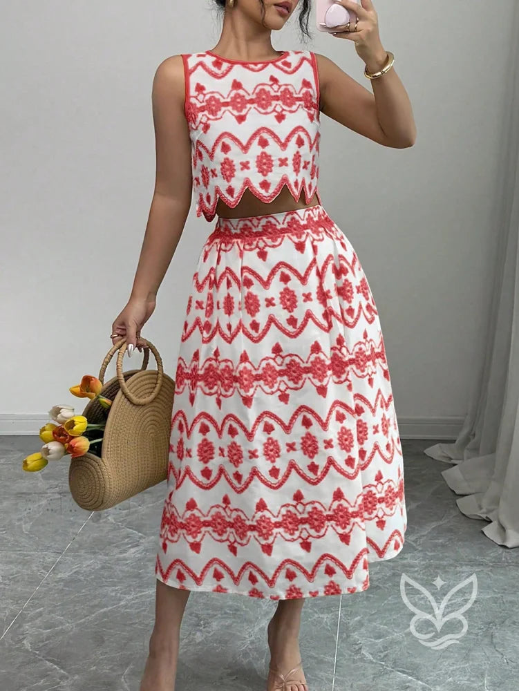 Conjunto Co-ord Estampado Com Cropped E Saia Midi Evasê Vinho / PP Conjunto Co-ord Estampado Com Cropped E Saia Midi