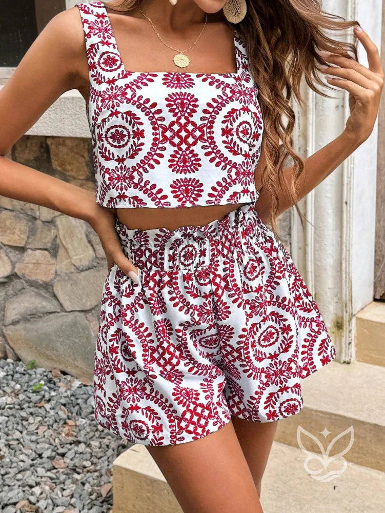 Conjunto Co-ord Estampado Com Cropped E Shorts Soltos Vermelho / PP Conjunto Co-ord Estampado Com Cropped E Shorts