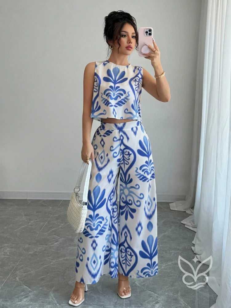 Conjunto Co-ord Estampado Com Regata E Calça Pantalona Flare Azul / PP Conjunto Co-ord Estampado Com Regata E Calça