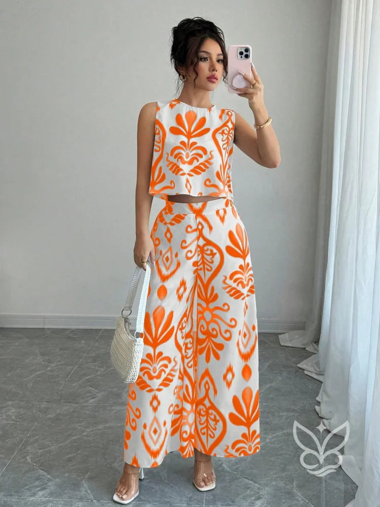 Conjunto Co-ord Estampado Com Regata E Calça Pantalona Flare Laranja / PP Conjunto Co-ord Estampado Com Regata E Calça