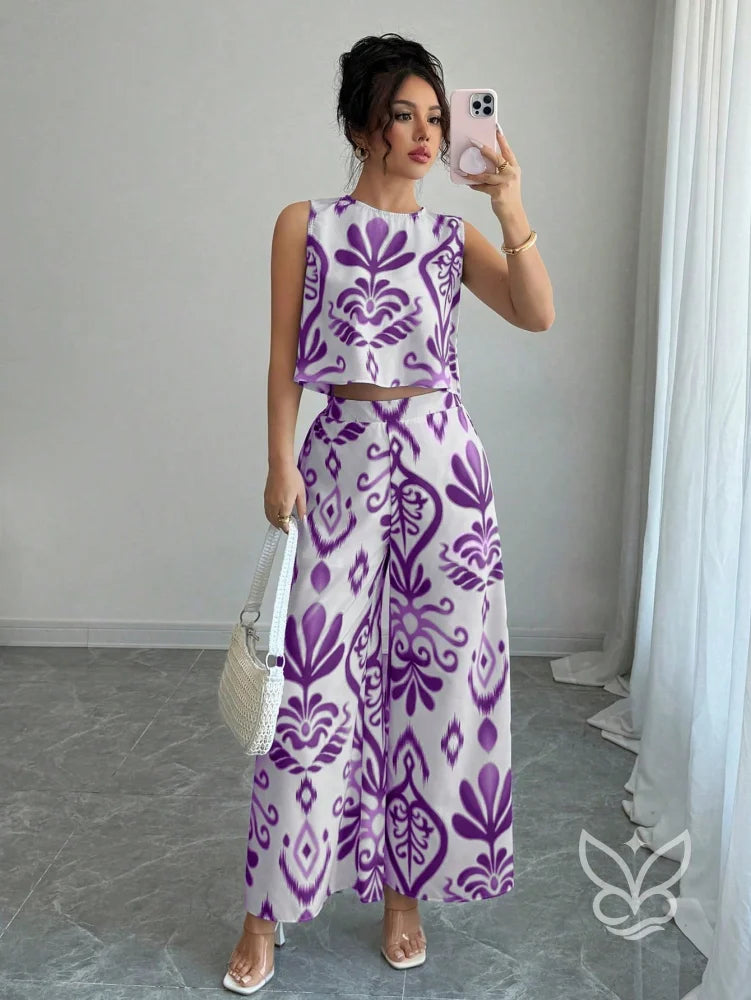 Conjunto Co-ord Estampado Com Regata E Calça Pantalona Flare Roxo / PP Conjunto Co-ord Estampado Com Regata E Calça