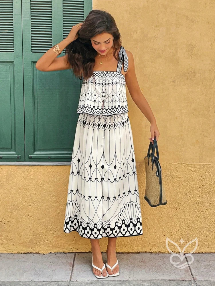 Conjunto Co-ord Estampado Com Regata E Saia Midi Evasê Conjunto Co-ord Estampado Top Tomara Que Caia E Calça Pantalona