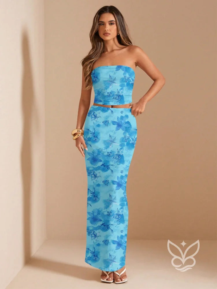 Conjunto Co-ord Estampado Com Top Ajustado Azul / PP Conjunto Co-ord Estampado Com Top Ajustado