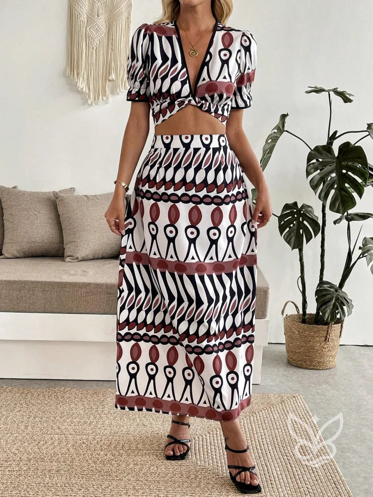 Conjunto Co-ord Estampado Cropped Com Amarração E Saia Longa Evasê Conjunto Co-ord Estampado Com Cropped E Saia Midi