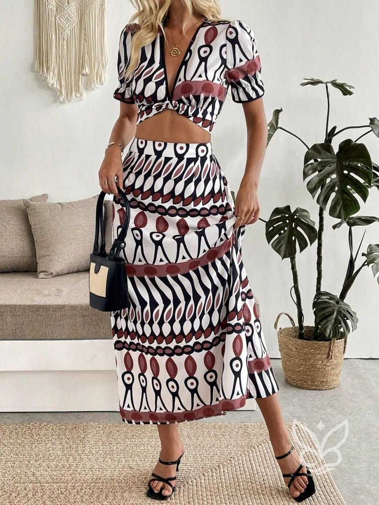 Conjunto Co-ord Estampado Cropped Com Amarração E Saia Longa Evasê Conjunto Co-ord Estampado Com Cropped E Saia Midi