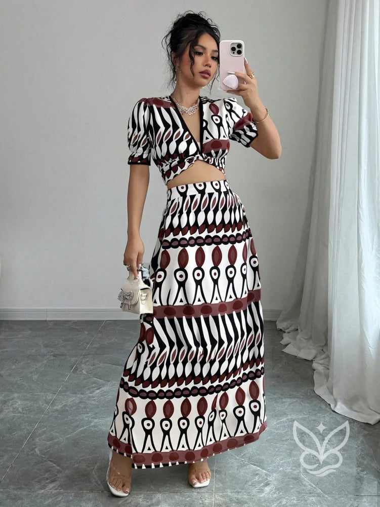 Conjunto Co-ord Estampado Cropped Com Amarração E Saia Longa Evasê Estampado / PP Conjunto Co-ord Estampado Com Cropped