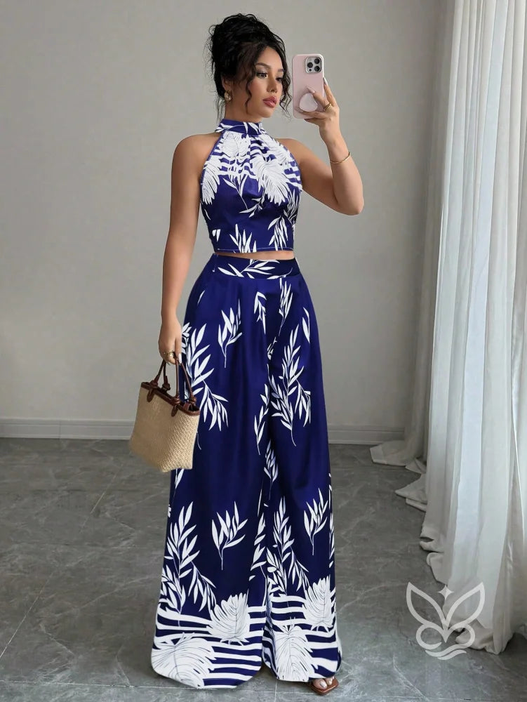 Conjunto Co-ord Estampado Cropped Gola Alta E Calça Pantalona Flare Azul Marinho / PP Conjunto Co-ord Estampado Com