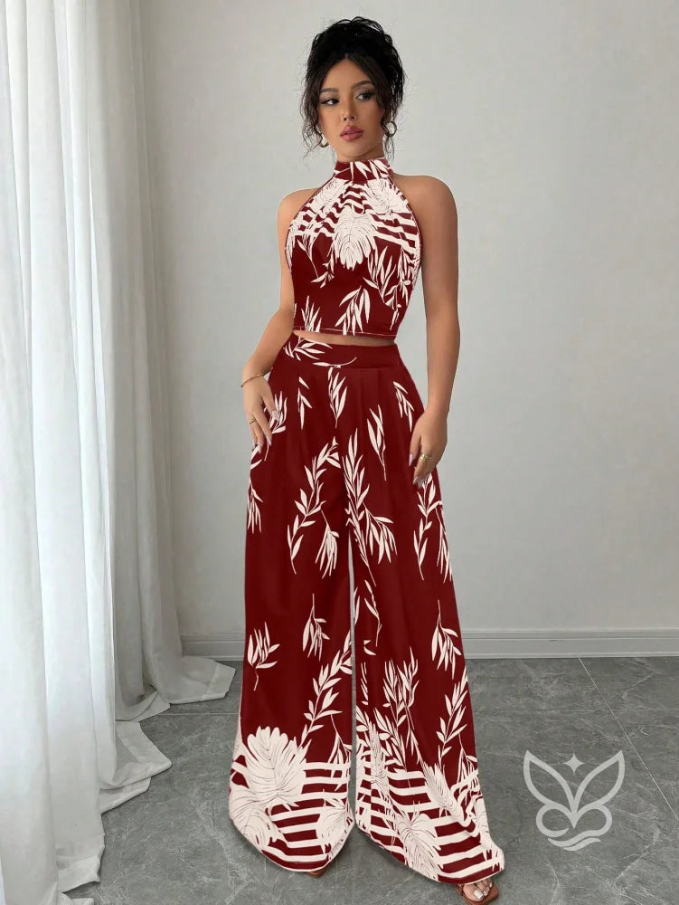 Conjunto Co-ord Estampado Cropped Gola Alta E Calça Pantalona Flare Conjunto Co-ord Estampado Com Cropped E Saia Midi