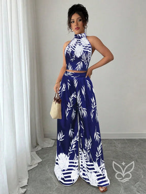 Conjunto Co-ord Estampado Cropped Gola Alta E Calça Pantalona Flare Conjunto Co-ord Estampado Com Cropped E Saia Midi