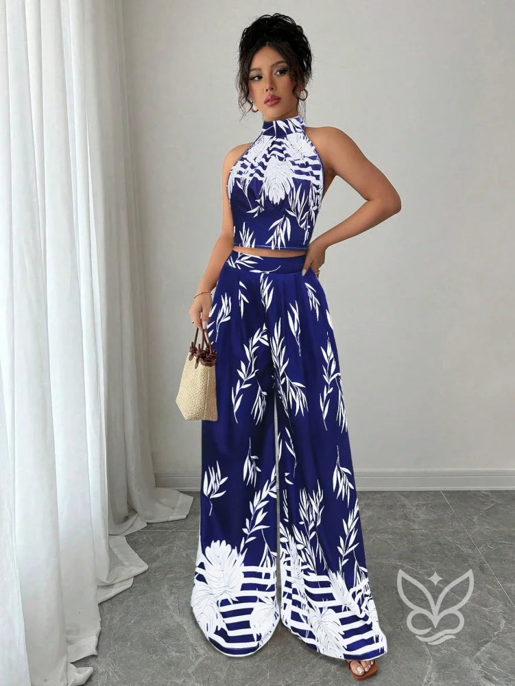 Conjunto Co-ord Estampado Cropped Gola Alta E Calça Pantalona Flare Conjunto Co-ord Estampado Com Cropped E Saia Midi