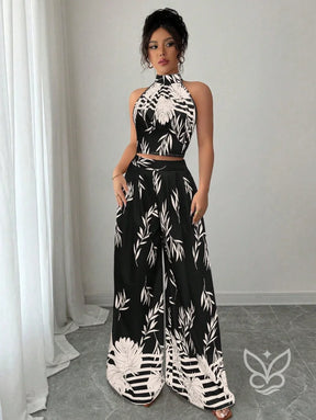 Conjunto Co-ord Estampado Cropped Gola Alta E Calça Pantalona Flare Conjunto Co-ord Estampado Com Cropped E Saia Midi
