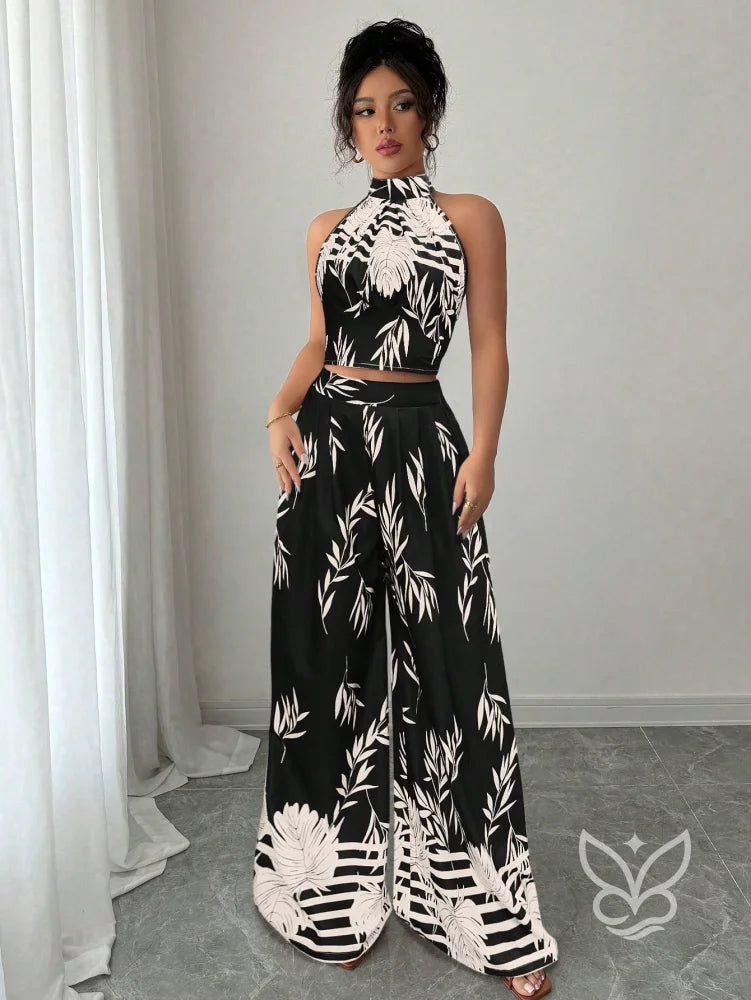 Conjunto Co-ord Estampado Cropped Gola Alta E Calça Pantalona Flare Conjunto Co-ord Estampado Com Cropped E Saia Midi