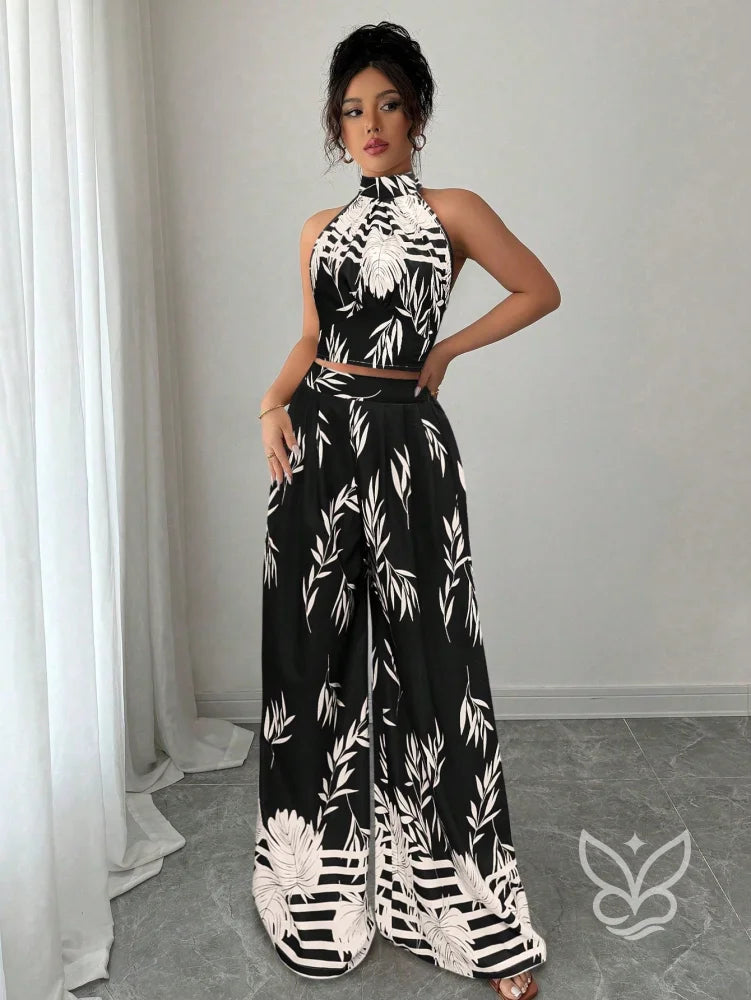 Conjunto Co-ord Estampado Cropped Gola Alta E Calça Pantalona Flare Conjunto Co-ord Estampado Com Cropped E Saia Midi