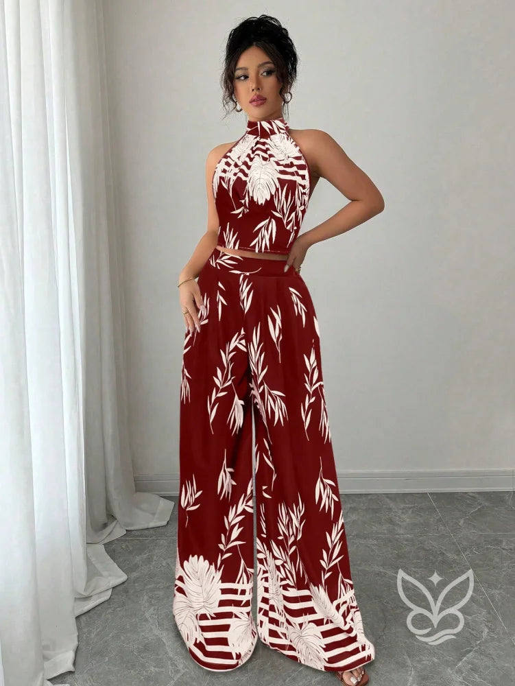 Conjunto Co-ord Estampado Cropped Gola Alta E Calça Pantalona Flare Conjunto Co-ord Estampado Com Cropped E Saia Midi