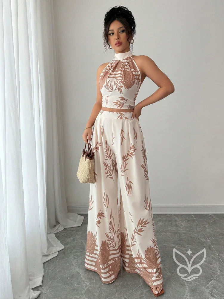 Conjunto Co-ord Estampado Cropped Gola Alta E Calça Pantalona Flare Conjunto Co-ord Estampado Com Cropped E Saia Midi