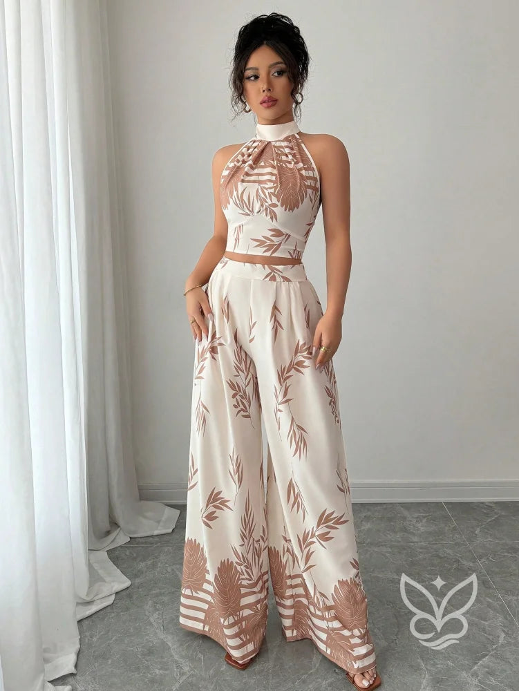 Conjunto Co-ord Estampado Cropped Gola Alta E Calça Pantalona Flare Conjunto Co-ord Estampado Com Cropped E Saia Midi
