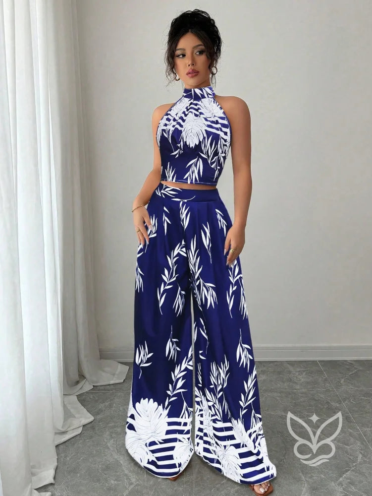 Conjunto Co-ord Estampado Cropped Gola Alta E Calça Pantalona Flare Conjunto Co-ord Estampado Com Cropped E Saia Midi