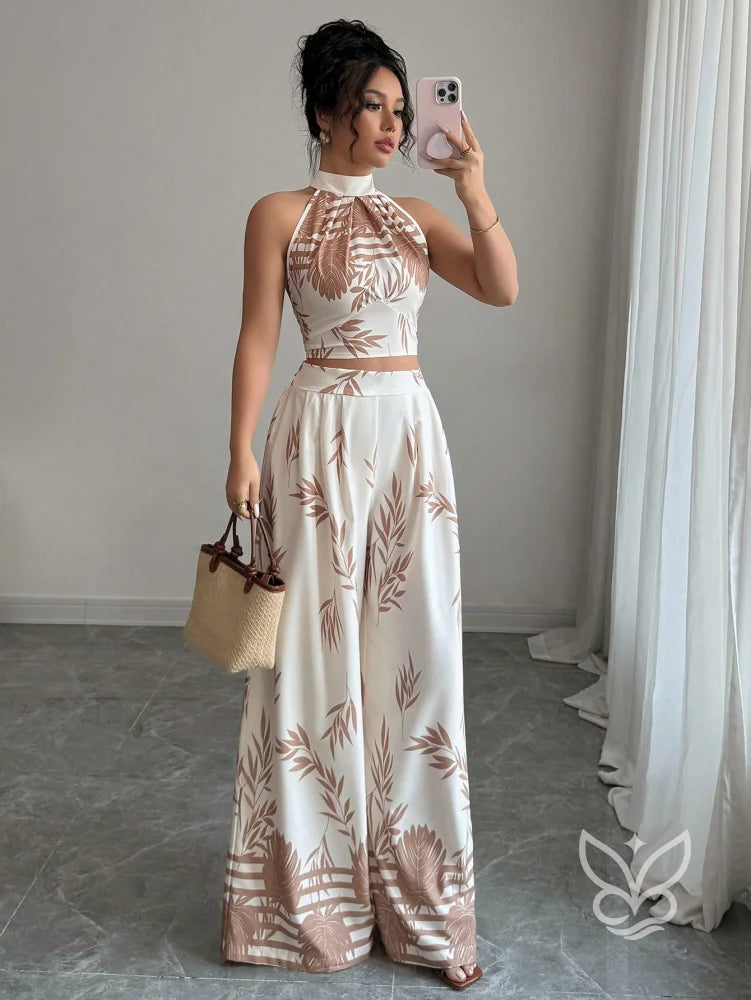 Conjunto Co-ord Estampado Cropped Gola Alta E Calça Pantalona Flare Damasco / PP Conjunto Co-ord Estampado Com Cropped