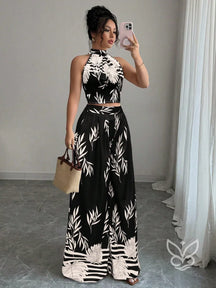Conjunto Co-ord Estampado Cropped Gola Alta E Calça Pantalona Flare Preto / PP Conjunto Co-ord Estampado Com Cropped E