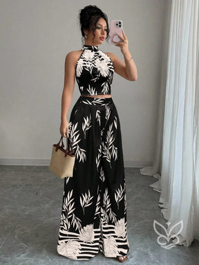 Conjunto Co-ord Estampado Cropped Gola Alta E Calça Pantalona Flare Preto / PP Conjunto Co-ord Estampado Com Cropped E