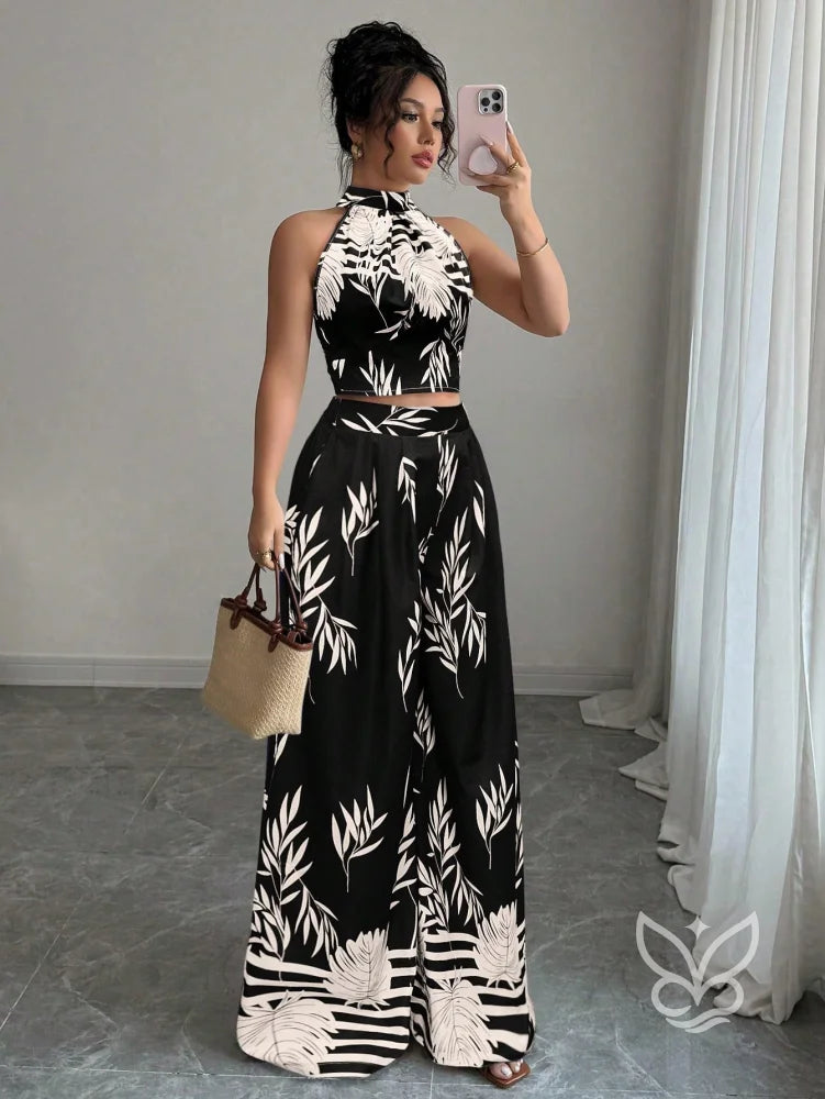 Conjunto Co-ord Estampado Cropped Gola Alta E Calça Pantalona Flare Preto / PP Conjunto Co-ord Estampado Com Cropped E