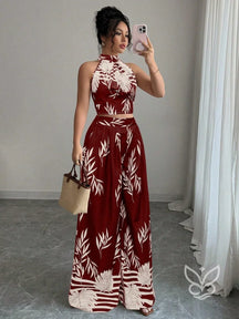 Conjunto Co-ord Estampado Cropped Gola Alta E Calça Pantalona Flare Vinho / PP Conjunto Co-ord Estampado Com Cropped E