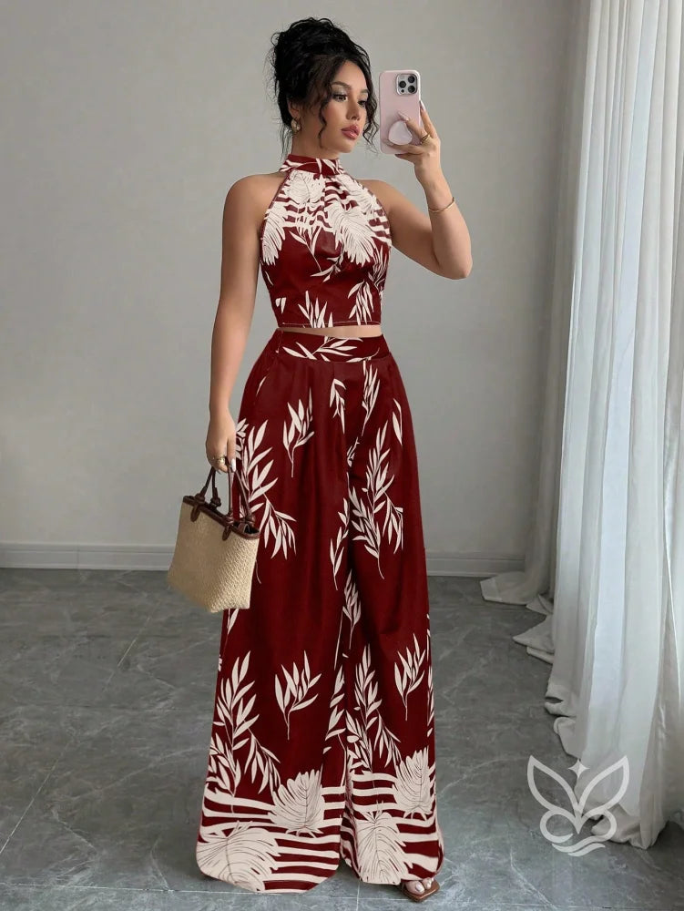 Conjunto Co-ord Estampado Cropped Gola Alta E Calça Pantalona Flare Vinho / PP Conjunto Co-ord Estampado Com Cropped E