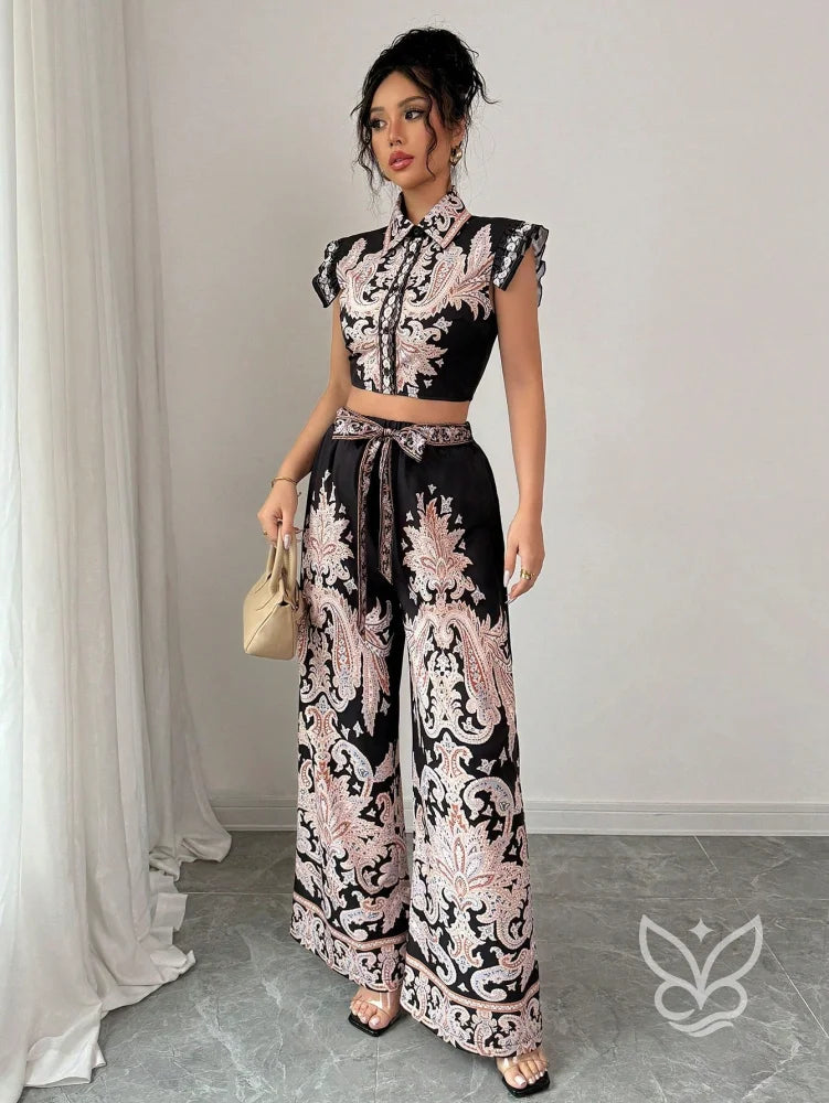 Conjunto Co-ord Estampado Cropped Manga Curta E Calça Pantalona Flare Conjunto Co-ord Estampado Cropped Manga Curta E