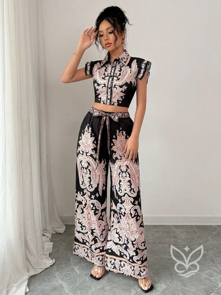 Conjunto Co-ord Estampado Cropped Manga Curta E Calça Pantalona Flare Conjunto Co-ord Estampado Cropped Manga Curta E