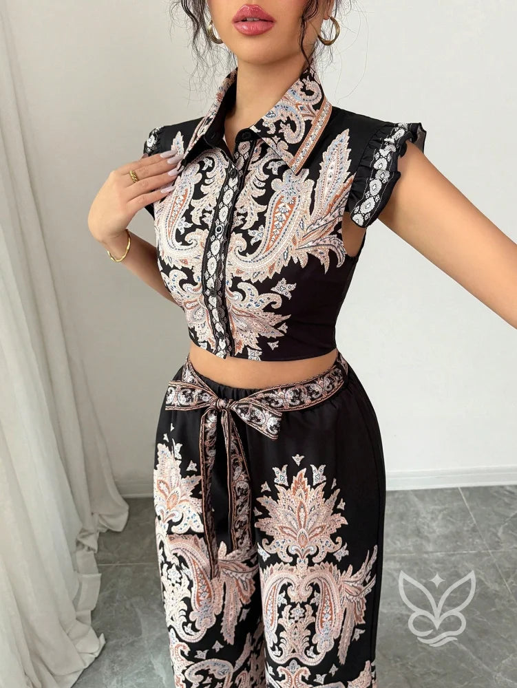 Conjunto Co-ord Estampado Cropped Manga Curta E Calça Pantalona Flare Conjunto Co-ord Estampado Cropped Manga Curta E