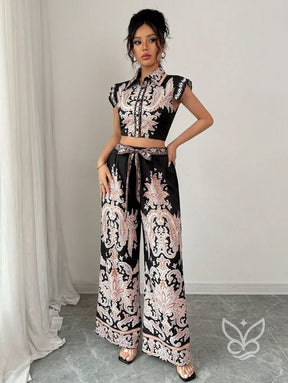 Conjunto Co-ord Estampado Cropped Manga Curta E Calça Pantalona Flare Conjunto Co-ord Estampado Cropped Manga Curta E