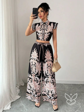 Conjunto Co-ord Estampado Cropped Manga Curta E Calça Pantalona Flare Preto / PP Conjunto Co-ord Estampado Cropped