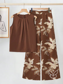 Conjunto Co-ord Estampado Floral Pantalona E Regata Larga Castanho / PP Conjunto Co-ord Estampado Floral Pantalona E