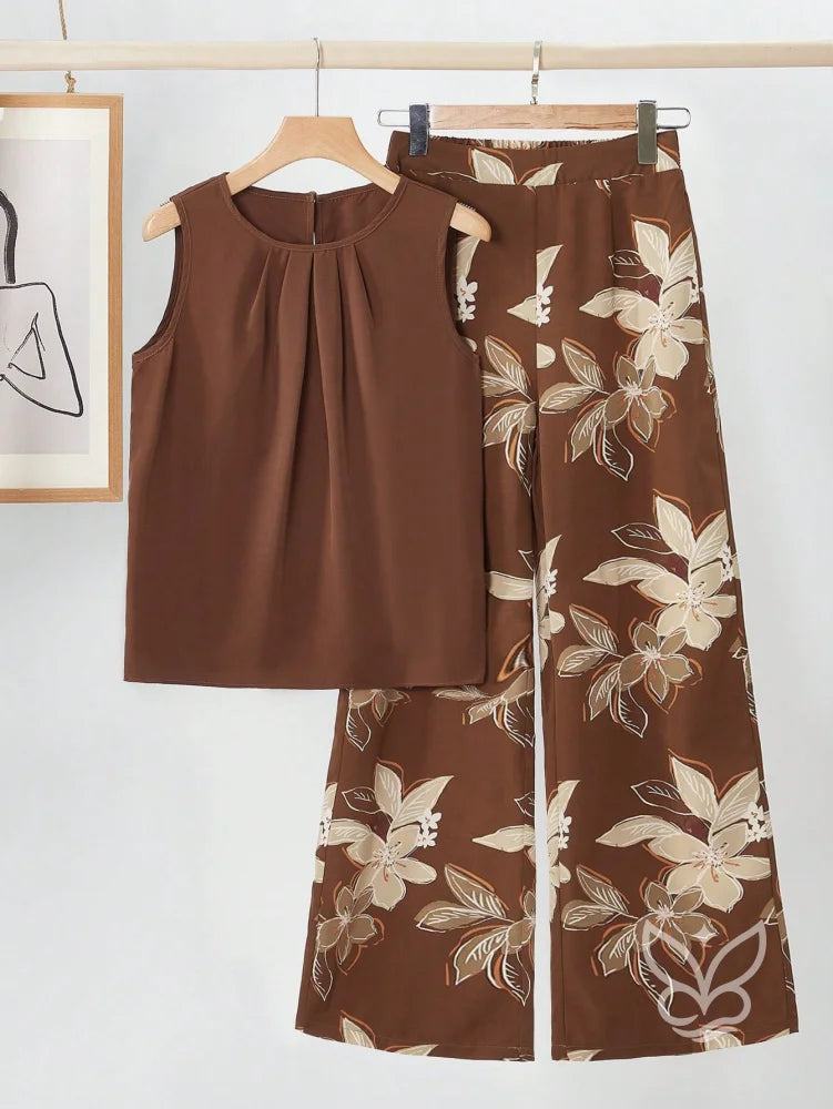 Conjunto Co-ord Estampado Floral Pantalona E Regata Larga Castanho / PP Conjunto Co-ord Estampado Floral Pantalona E