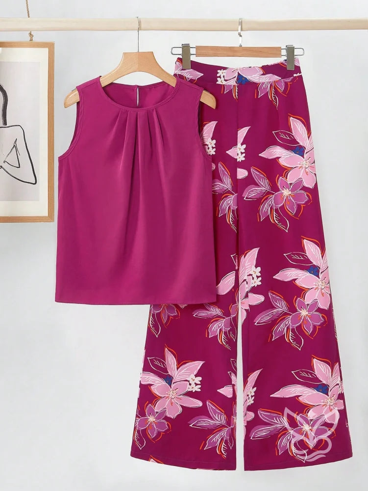 Conjunto Co-ord Estampado Floral Pantalona E Regata Larga Violeta / PP Conjunto Co-ord Estampado Floral Pantalona E