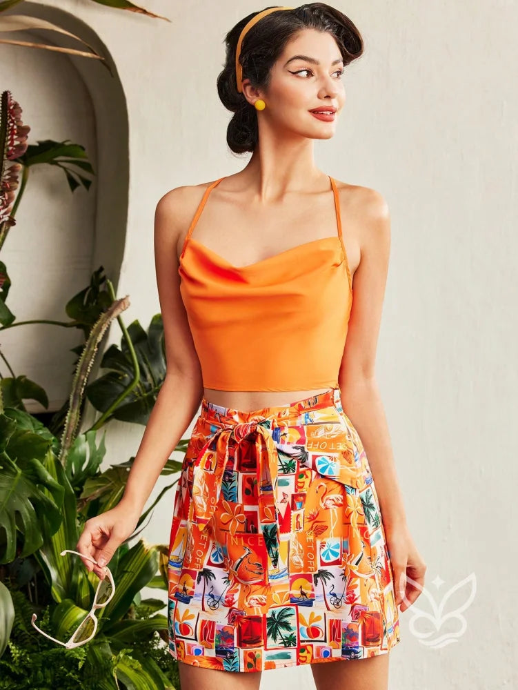 Conjunto Co-ord Estampado Saia Curta E Top Alças Finas Laranja / PP Conjunto Co-ord Estampado Saia Curta E Top Alças