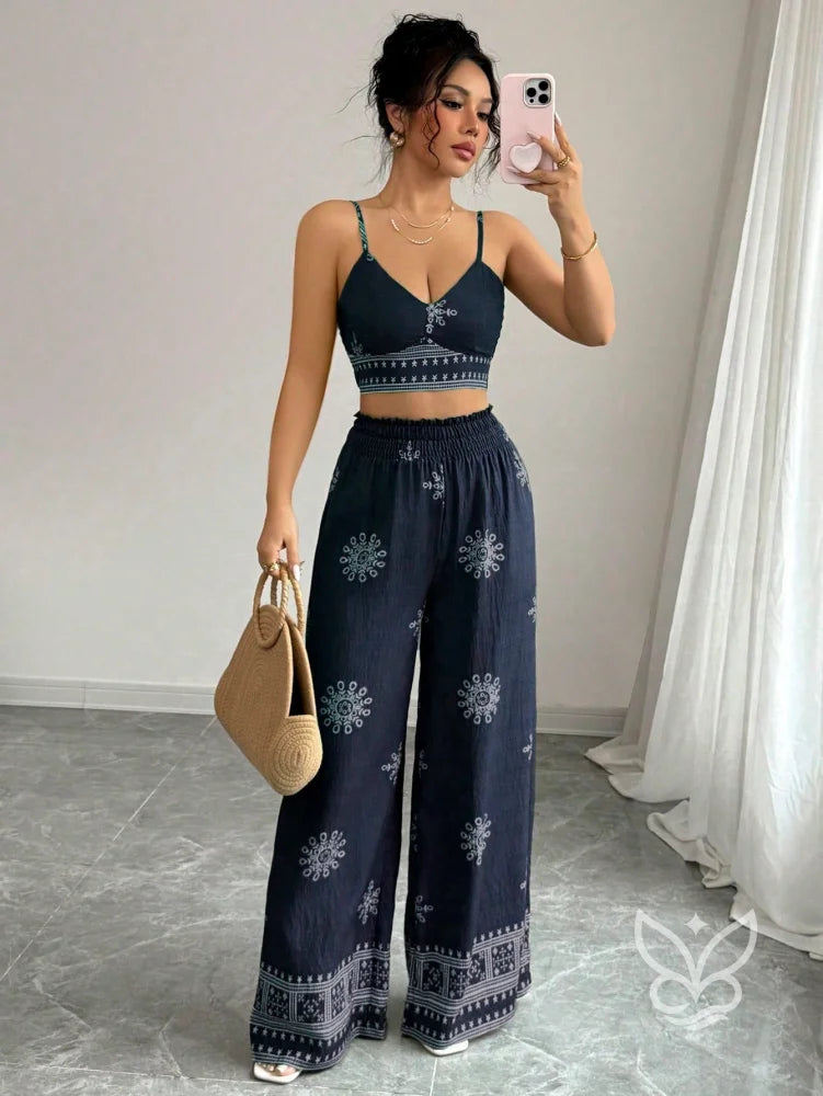 Conjunto Co-ord Estampado Top Alças E Calça Pantalona Azul Marinho / PP Conjunto Co-ord Curto Estampado Com Zíper Fronta