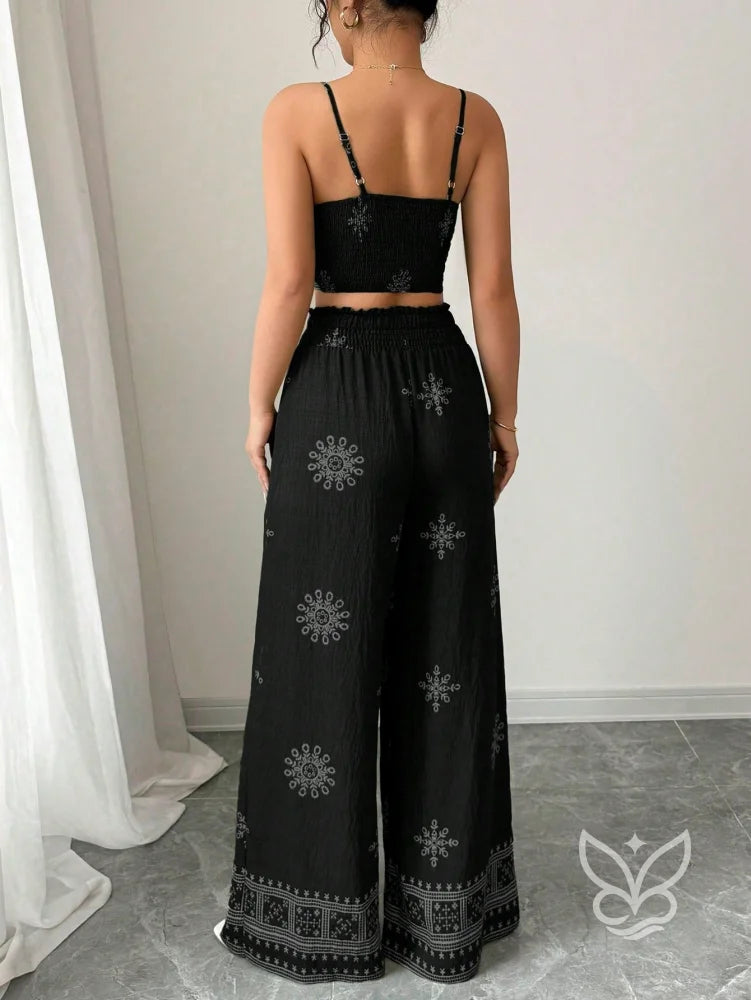 Conjunto Co-ord Estampado Top Alças E Calça Pantalona Conjunto Co-ord Curto Estampado Com Zíper Fronta