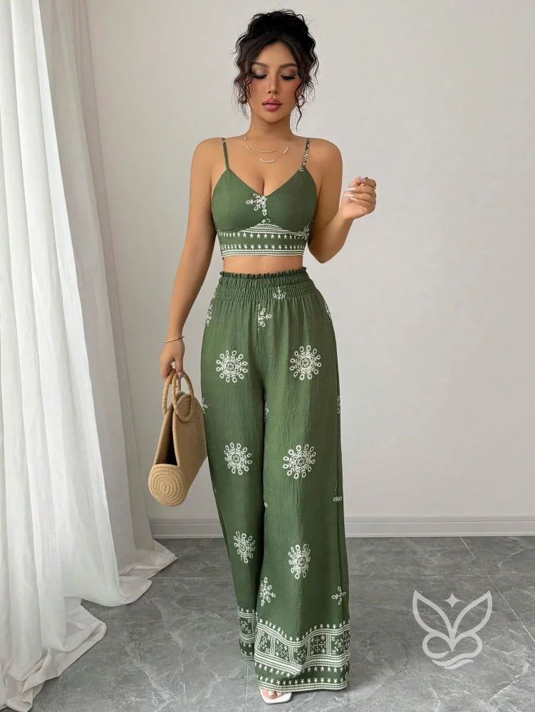 Conjunto Co-ord Estampado Top Alças E Calça Pantalona Conjunto Co-ord Curto Estampado Com Zíper Fronta