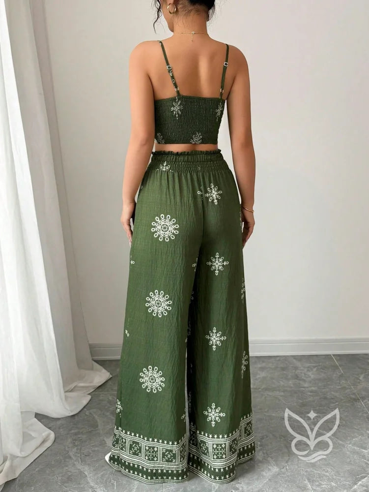 Conjunto Co-ord Estampado Top Alças E Calça Pantalona Conjunto Co-ord Curto Estampado Com Zíper Fronta