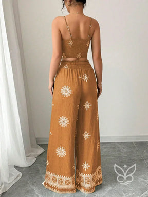 Conjunto Co-ord Estampado Top Alças E Calça Pantalona Conjunto Co-ord Curto Estampado Com Zíper Fronta