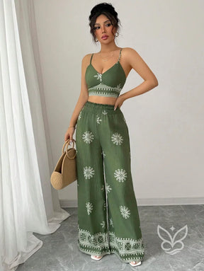 Conjunto Co-ord Estampado Top Alças E Calça Pantalona Conjunto Co-ord Curto Estampado Com Zíper Fronta