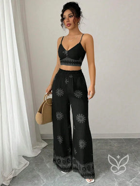 Conjunto Co-ord Estampado Top Alças E Calça Pantalona Conjunto Co-ord Curto Estampado Com Zíper Fronta