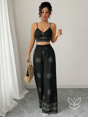 Conjunto Co-ord Estampado Top Alças E Calça Pantalona Conjunto Co-ord Curto Estampado Com Zíper Fronta
