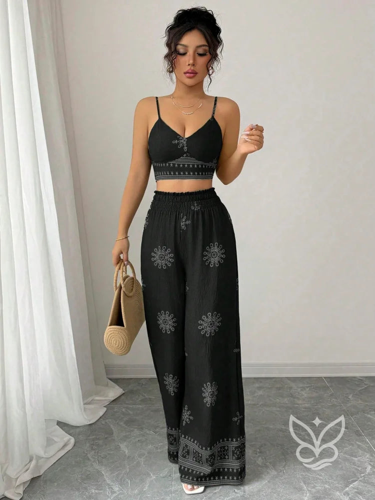 Conjunto Co-ord Estampado Top Alças E Calça Pantalona Conjunto Co-ord Curto Estampado Com Zíper Fronta