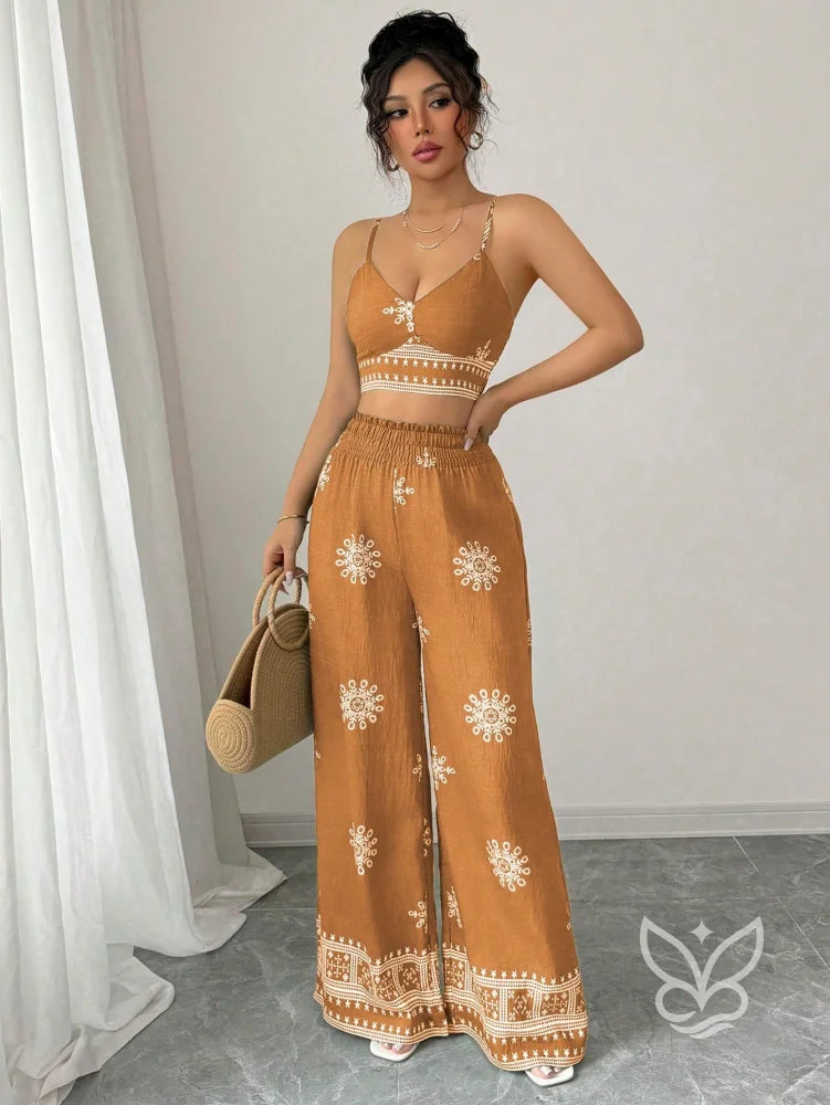 Conjunto Co-ord Estampado Top Alças E Calça Pantalona Conjunto Co-ord Curto Estampado Com Zíper Fronta