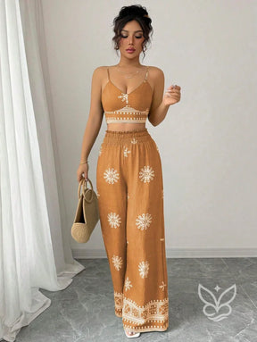 Conjunto Co-ord Estampado Top Alças E Calça Pantalona Conjunto Co-ord Curto Estampado Com Zíper Fronta