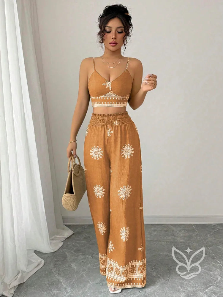Conjunto Co-ord Estampado Top Alças E Calça Pantalona Conjunto Co-ord Curto Estampado Com Zíper Fronta