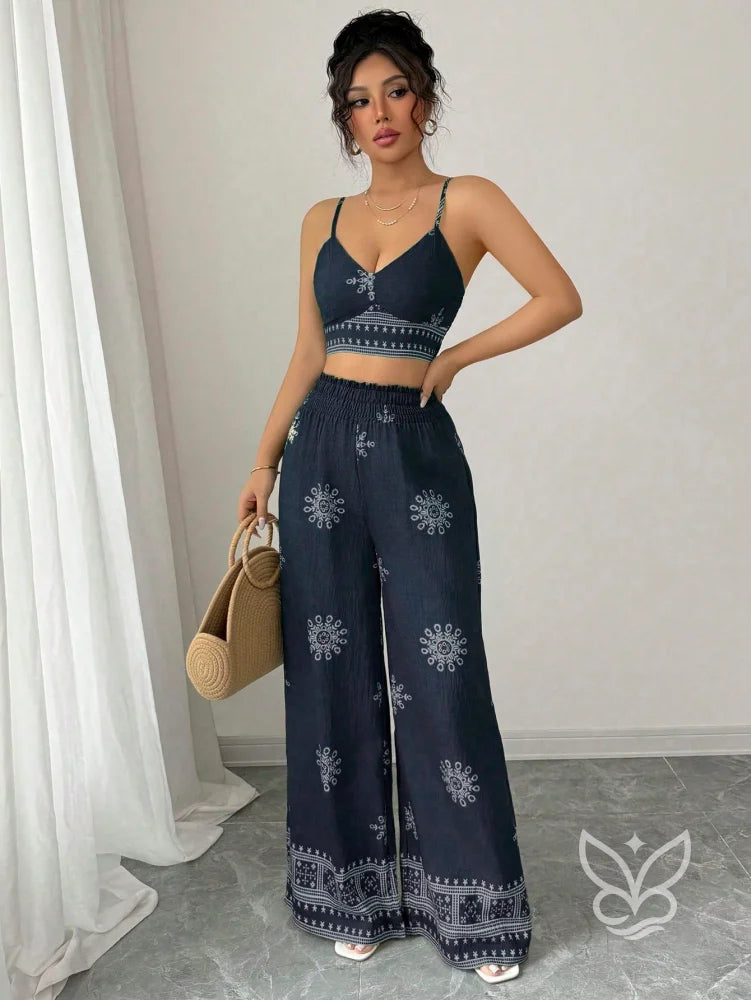 Conjunto Co-ord Estampado Top Alças E Calça Pantalona Conjunto Co-ord Curto Estampado Com Zíper Fronta